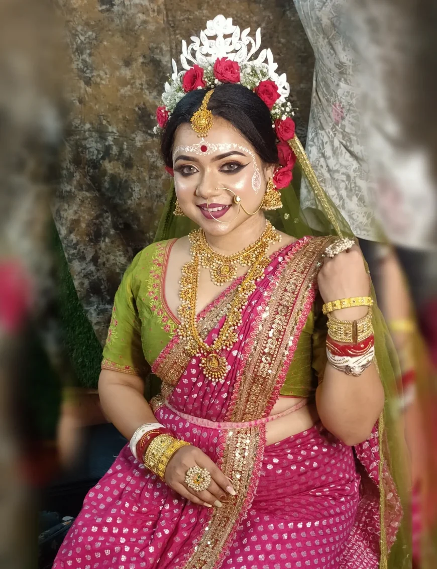 A Fresh Twist to Tradition Bengali Bridal Look in Pink & Green