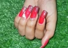 Bold Red Floral Nails with Silver Glitter Tips