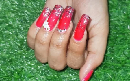 Bold Red Floral Nails with Silver Glitter Tips