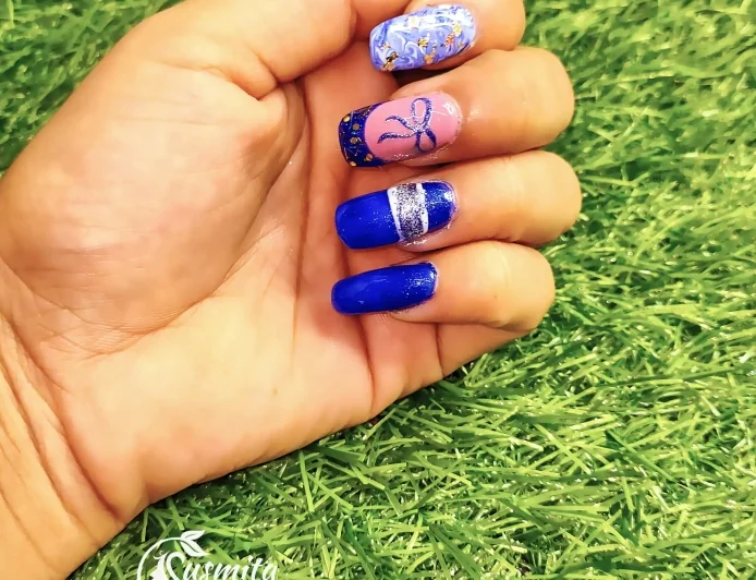 Royal Blue & Silver Glam Nail Art with Marble and Bow Detailing
