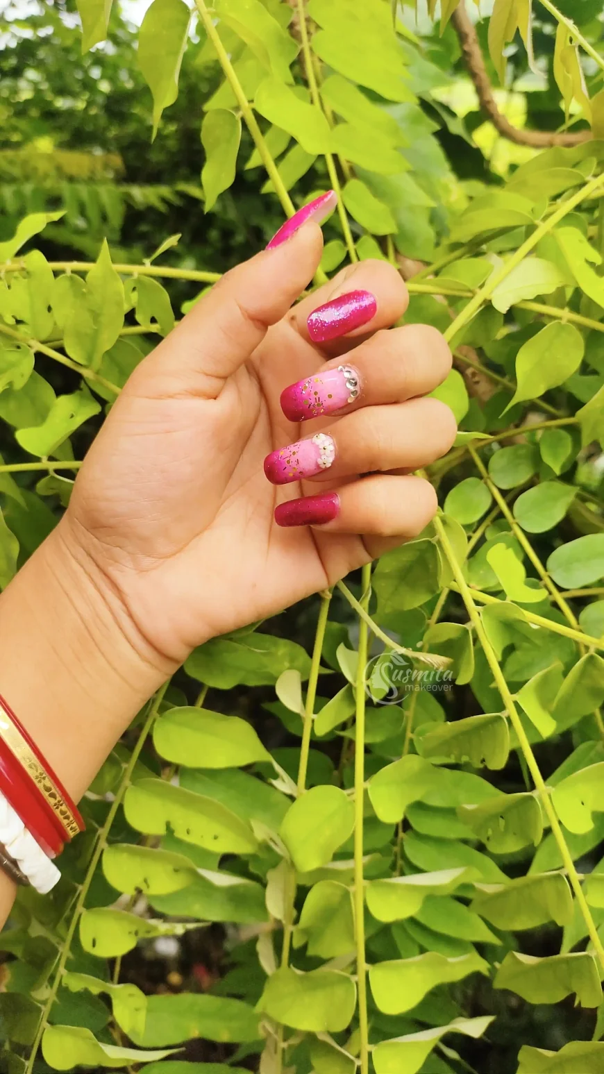 Pink Ombre Glitter Nails with Rhinestones – Elegant Nail Art for Parties & Weddings