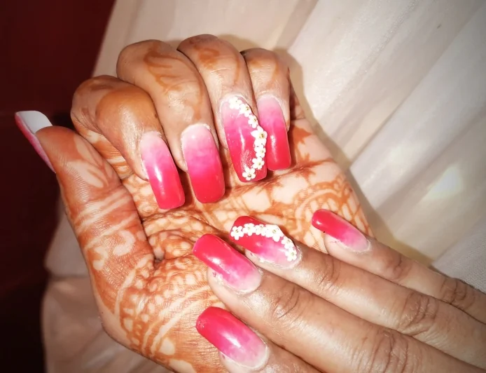 Pink Ombre Bridal Nails with Floral Rhinestone Design – Elegant Wedding Nail Art